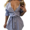 Long Sleeve Turndown Collar Striped Backless Short Dress