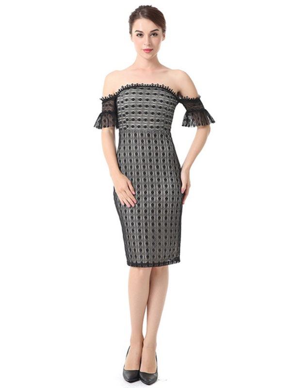 Black Lace Dress Off The Shoulder Short Sleeve Quilted Bodycon Dresses For Women