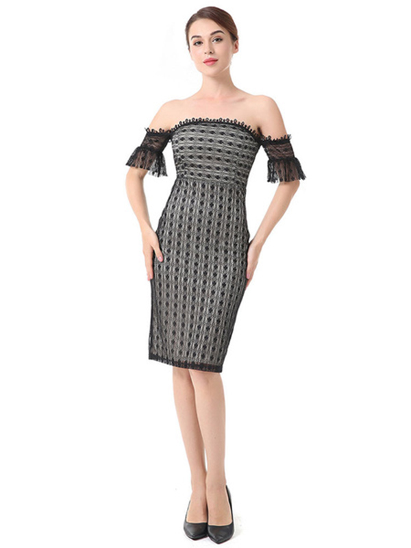Black Lace Dress Off The Shoulder Short Sleeve Quilted Bodycon Dresses For Women - Image 5