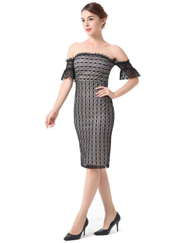 Black Lace Dress Off The Shoulder Short Sleeve Quilted Bodycon Dresses For Women - Image 3