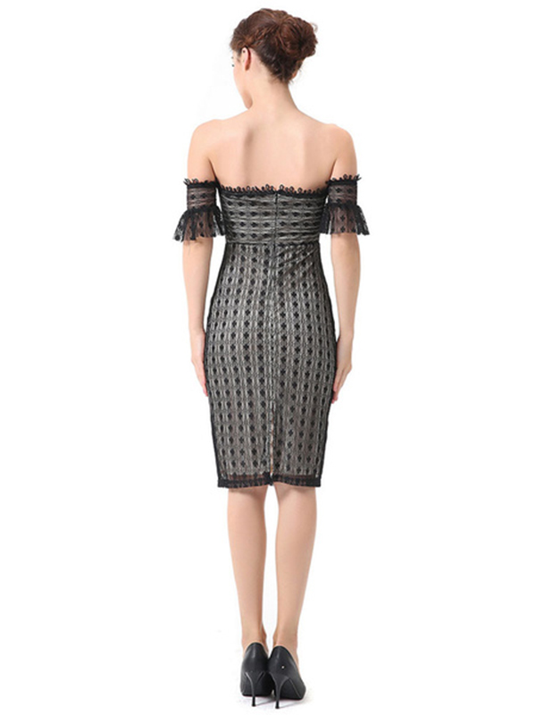 Black Lace Dress Off The Shoulder Short Sleeve Quilted Bodycon Dresses For Women - Image 2