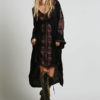 Black Maxi Dress Ethnic V Neck Long Sleeve Embroidered High Low Cotton Dress