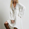 Black Maxi Dress Ethnic V Neck Long Sleeve Embroidered High Low Cotton Dress - Image 4