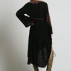 Black Maxi Dress Ethnic V Neck Long Sleeve Embroidered High Low Cotton Dress - Image 3