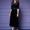 Black Maxi Dress Velour Long Sleeve Work Dress V Neck Women Shirt Dress - Image 2