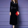 Black Maxi Dress Velour Long Sleeve Work Dress V Neck Women Shirt Dress - Image 4