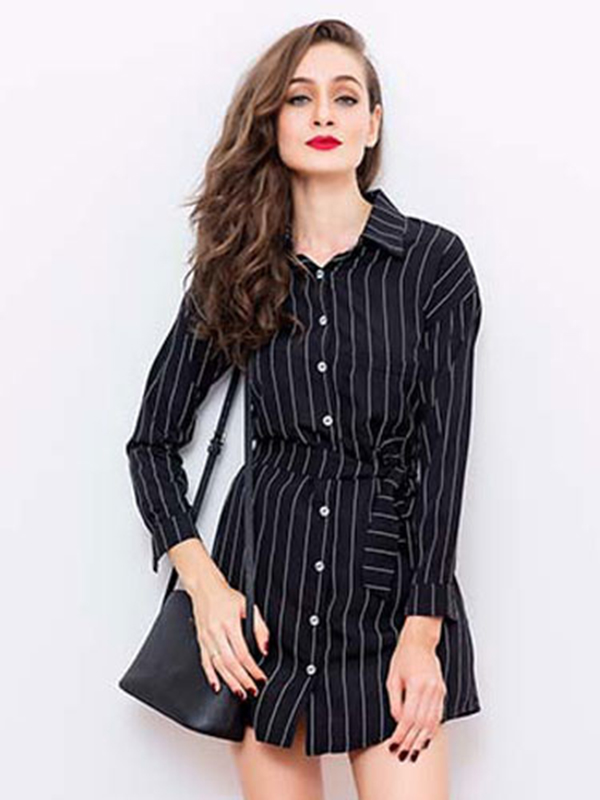 Black Shirt Dress Stripes Women's Long Sleeve Skater Dress With Sash