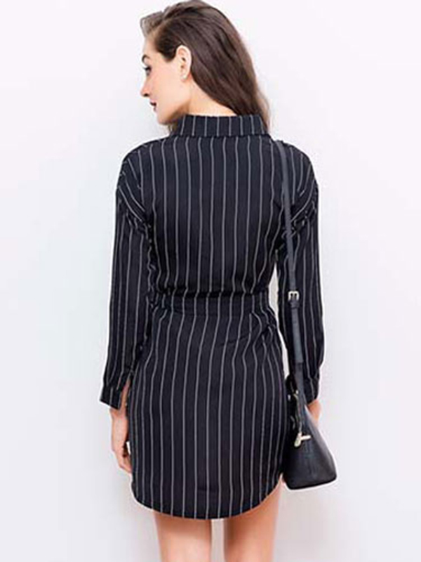 Black Shirt Dress Stripes Women's Long Sleeve Skater Dress With Sash - Image 3