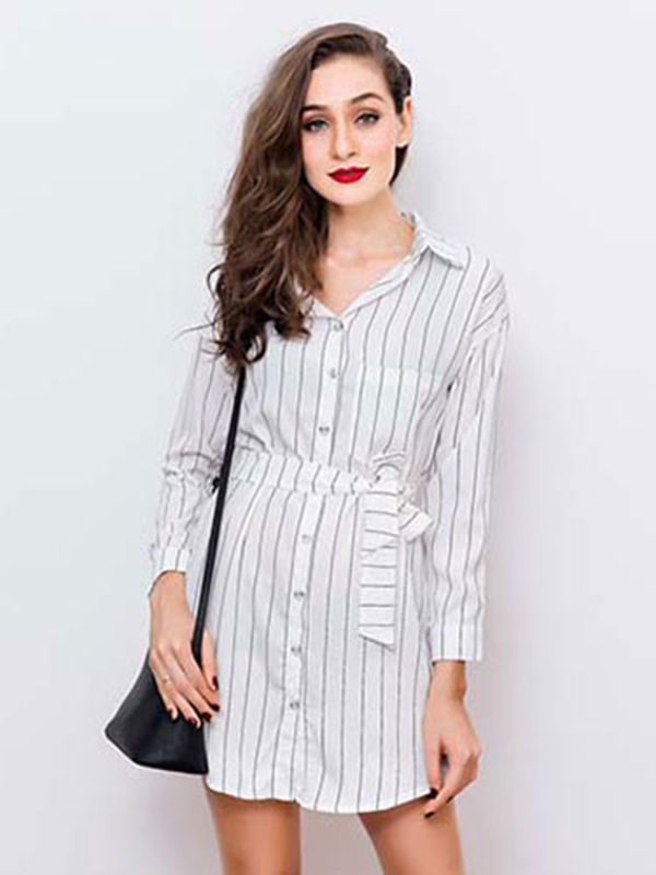 Black Shirt Dress Stripes Women's Long Sleeve Skater Dress With Sash - Image 2