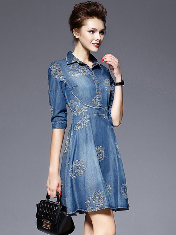 Blue Denim Dress Women’s Embroidered Turndown Collar Half Sleeve Half Buttons Skater Dress