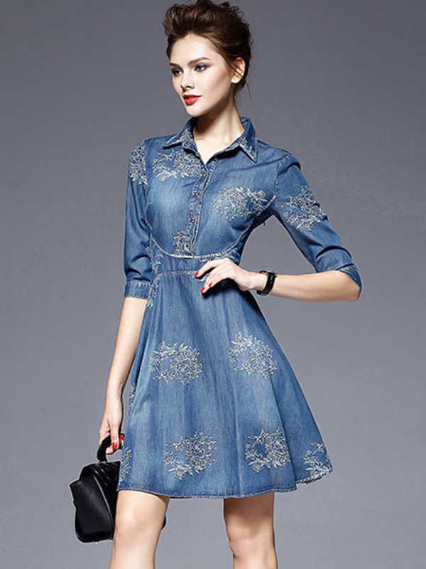 Blue Denim Dress Women’s Embroidered Turndown Collar Half Sleeve Half Buttons Skater Dress - Image 4