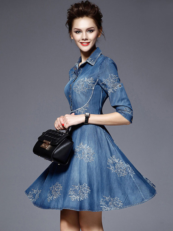 Blue Denim Dress Women’s Embroidered Turndown Collar Half Sleeve Half Buttons Skater Dress - Image 3