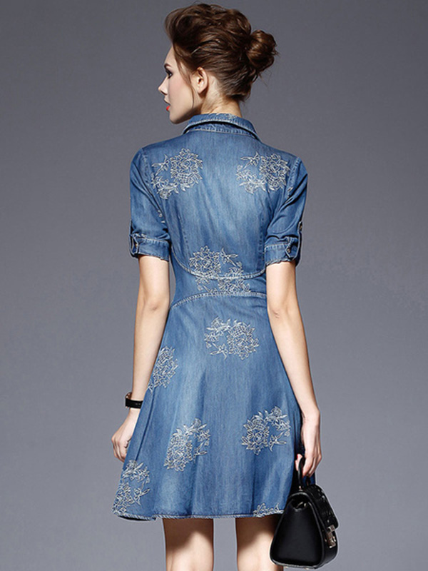Blue Denim Dress Women’s Embroidered Turndown Collar Half Sleeve Half Buttons Skater Dress - Image 2