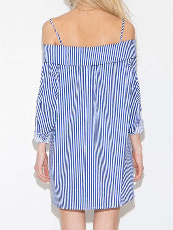 Blue Shirt Dress Cold Shoulder Spaghetti Strap Long Sleeve Buttons Up Women’s Casual Shift Dress - Image 4