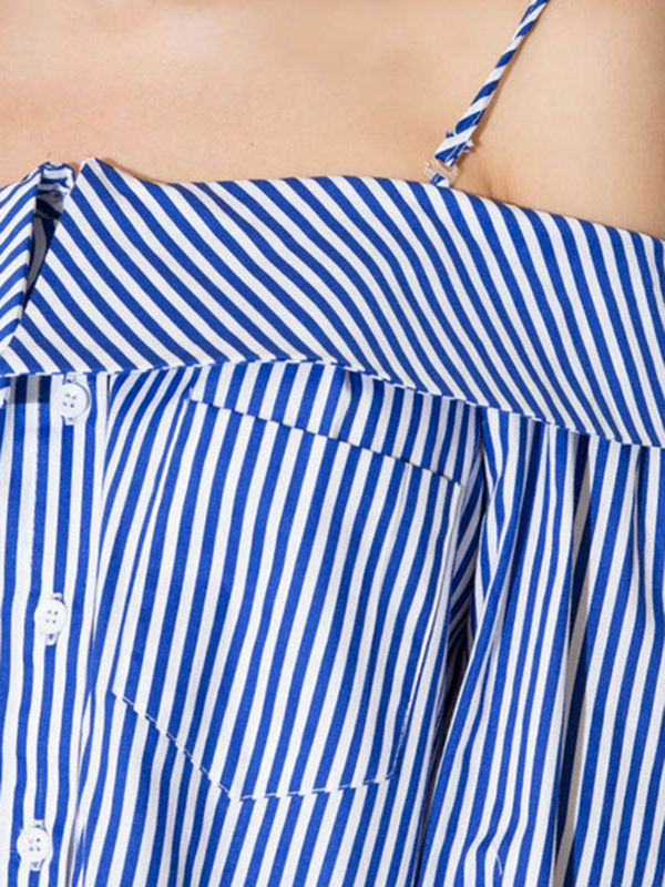 Blue Shirt Dress Cold Shoulder Spaghetti Strap Long Sleeve Buttons Up Women’s Casual Shift Dress - Image 2