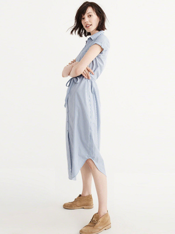Blue Shirt Dress Turndown Collar Short Sleeve Striped Women’s Summer Dresses