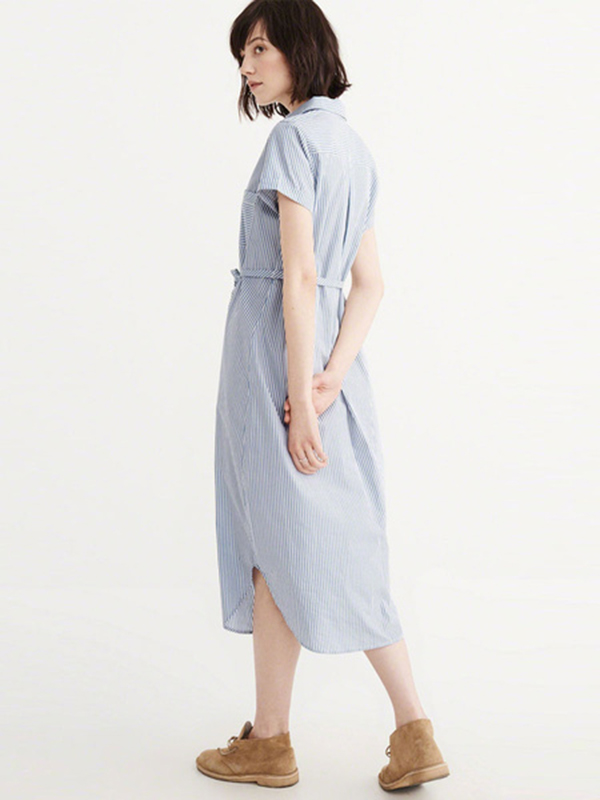 Blue Shirt Dress Turndown Collar Short Sleeve Striped Women’s Summer Dresses - Image 4