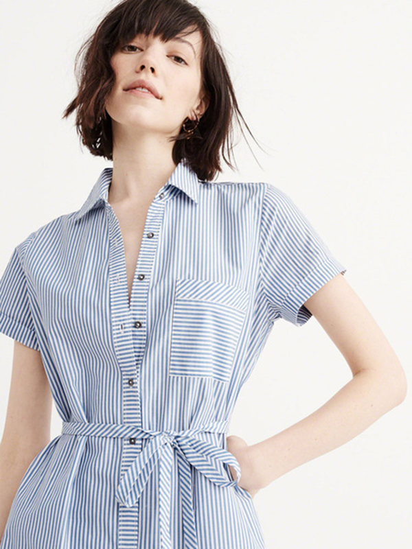 Blue Shirt Dress Turndown Collar Short Sleeve Striped Women’s Summer Dresses - Image 3