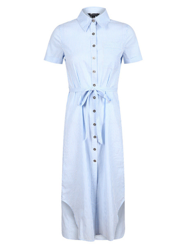 Blue Shirt Dress Turndown Collar Short Sleeve Striped Women’s Summer Dresses - Image 2