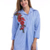 Blue Shirt Dress Turndown Collar Striped Embroidered 3/4 Length Sleeve Short Dresses For Women