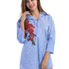 Blue Shirt Dress Turndown Collar Striped Embroidered 3/4 Length Sleeve Short Dresses For Women - Image 2