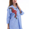 Blue Shirt Dress Turndown Collar Striped Embroidered 3/4 Length Sleeve Short Dresses For Women - Image 3