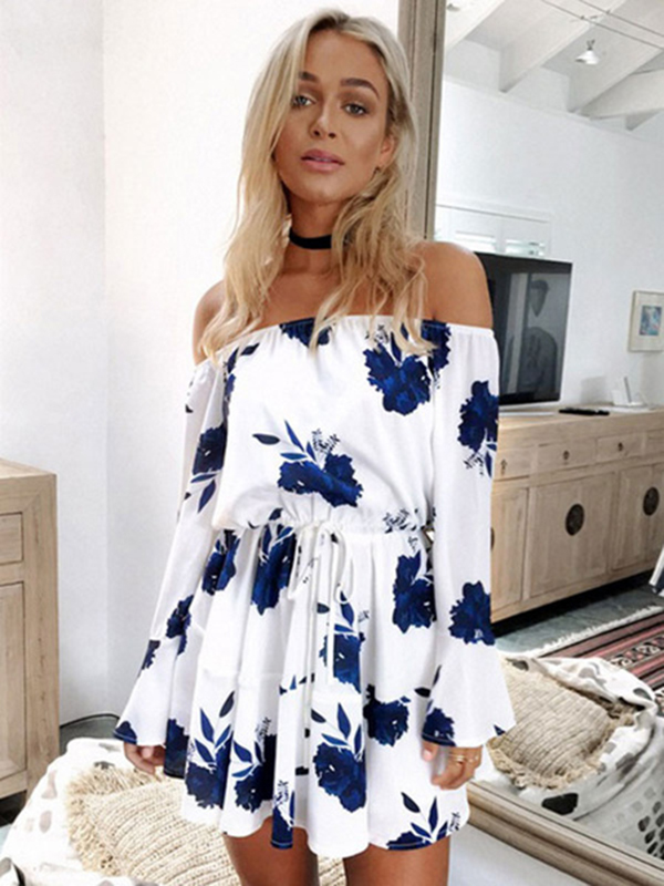 Skater Dress Off The Shoulder Chiffon Long Sleeve Floral Print Short Dresses For Women
