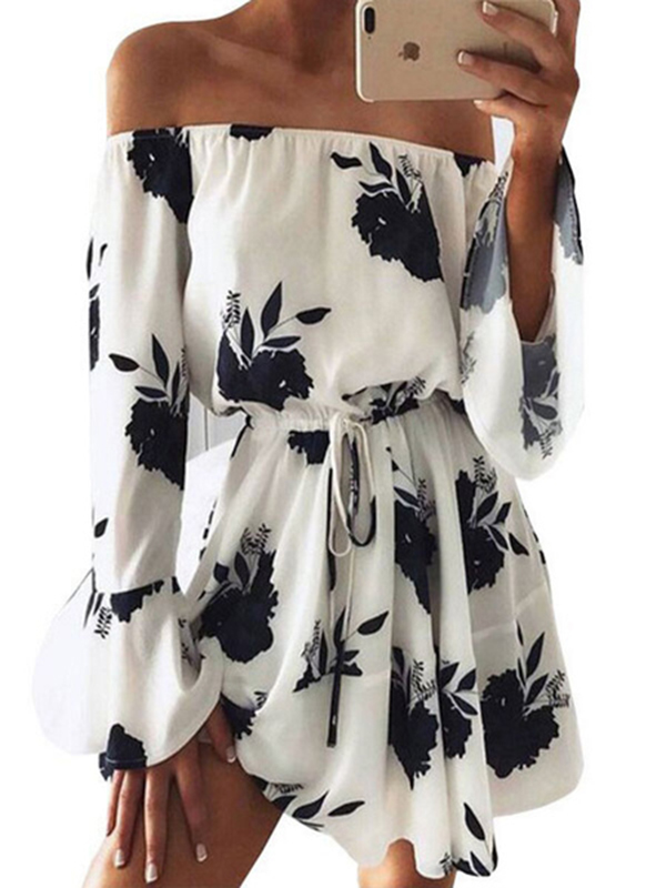 Skater Dress Off The Shoulder Chiffon Long Sleeve Floral Print Short Dresses For Women - Image 3