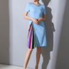 Blue Women Dress Chiffon Work Dress Rhinestone Pleated Short Sleeve Summer Dress