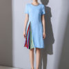 Blue Women Dress Chiffon Work Dress Rhinestone Pleated Short Sleeve Summer Dress - Image 7