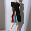 Blue Women Dress Chiffon Work Dress Rhinestone Pleated Short Sleeve Summer Dress - Image 5
