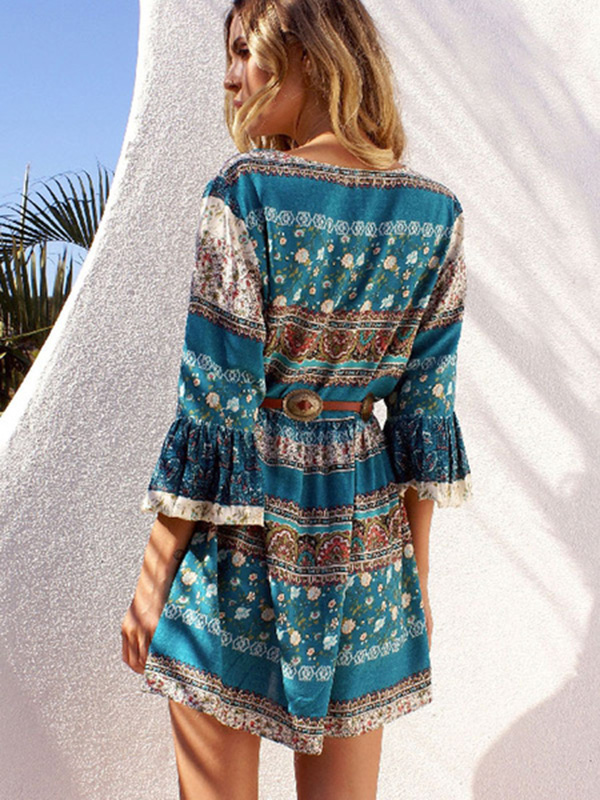 Boho Blue Dress Floral Print Women's Lace Up Bell Sleeve Ruffle Short Skater Dress - Image 2