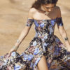 Boho Maxi Dress Black Floral Printed Off The Shoulder Short Sleeve Slit Long Dress