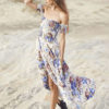 Boho Maxi Dress Black Floral Printed Off The Shoulder Short Sleeve Slit Long Dress - Image 6