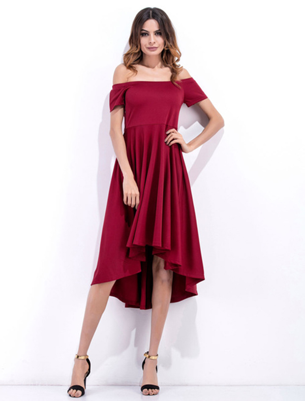 Burgundy Skater Dress Off The Shoulder Short Sleeve Pleated High Low Flare Dress