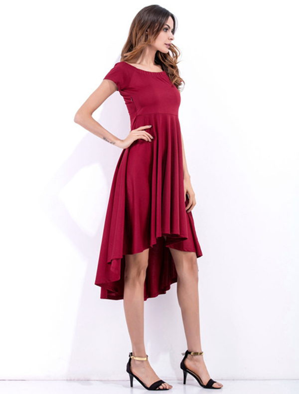 Burgundy Skater Dress Off The Shoulder Short Sleeve Pleated High Low Flare Dress - Image 6