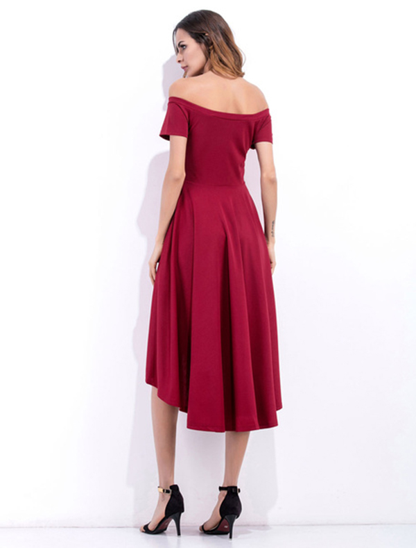 Burgundy Skater Dress Off The Shoulder Short Sleeve Pleated High Low Flare Dress - Image 4
