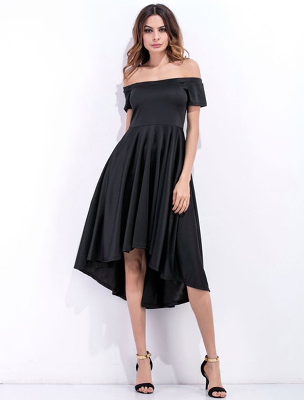 Burgundy Skater Dress Off The Shoulder Short Sleeve Pleated High Low Flare Dress - Image 3