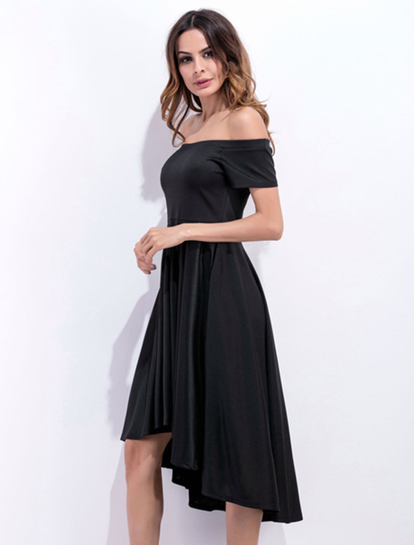 Burgundy Skater Dress Off The Shoulder Short Sleeve Pleated High Low Flare Dress - Image 2