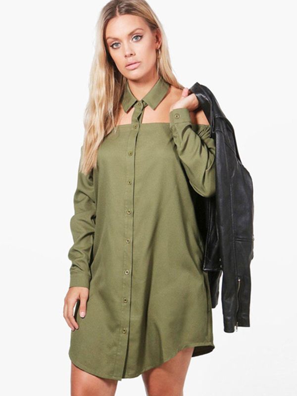 Casual Shirt Dress Hunter Green Turndown Collar Long Sleeve Cut Out Short Dresses For Women
