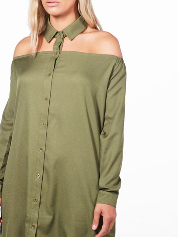 Casual Shirt Dress Hunter Green Turndown Collar Long Sleeve Cut Out Short Dresses For Women - Image 3