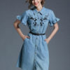 Denim Shirt Dress Light Blue Turndown Collar Bell Sleeve Embroidered Single Breasted Women’s Summer Dresses With Belt