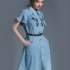 Denim Shirt Dress Light Blue Turndown Collar Bell Sleeve Embroidered Single Breasted Women’s Summer Dresses With Belt - Image 2