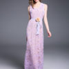 Elegant Lace Dress U Neck Sleeveless 3D Flower Shaping Lilac Maxi Dress