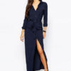 High Front Split Long Dress V-neck Long Sleeve Maxi Dress