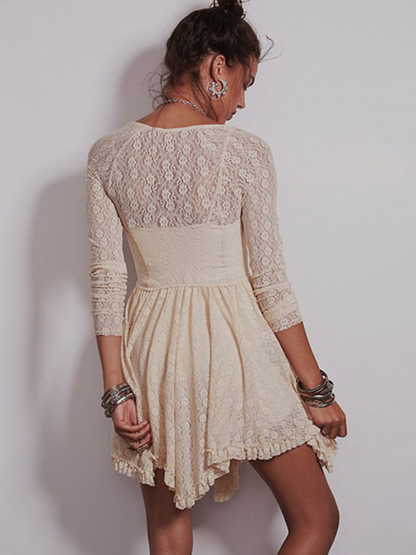 Long Sleeve Lace Dress Ruffles V Neck Summer Mini Dress - Image 4