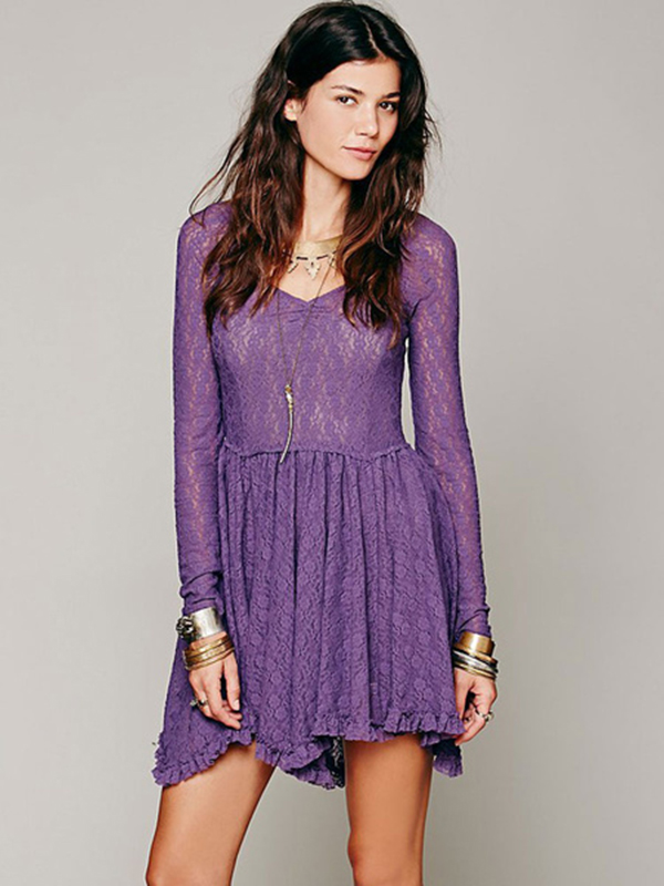 Long Sleeve Lace Dress Ruffles V Neck Summer Mini Dress - Image 3
