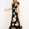 Maxi Dress Black V Neck Short Sleeve Floral Print Boho Long Dresses For Women - Image 3