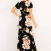 Maxi Dress Black V Neck Short Sleeve Floral Print Boho Long Dresses For Women - Image 2