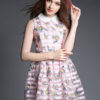 Pink Skater Dress Women Short Dress Spread Collar Sleeveless Printed Flare Dress